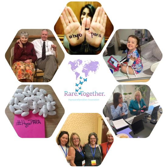 A collage of images including a members of the hypoparathyroidism community through their stages of the condition with text that says "Rare Together".